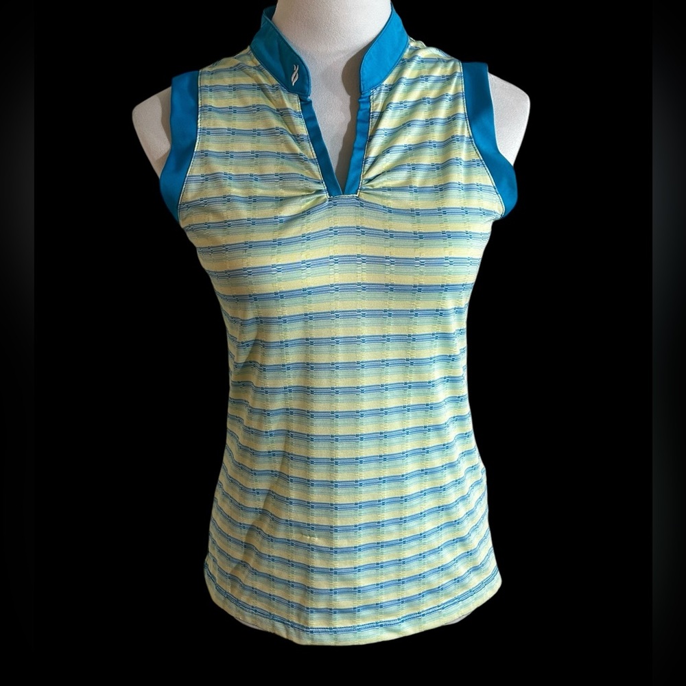 Pretty Nancy Lopez golf shirt in a turquoise and yellow stripe